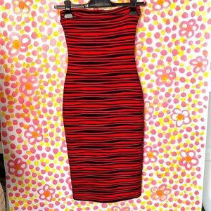 Bebe stripped red black tube bodycon dress xxs open shoulder stretch strapless